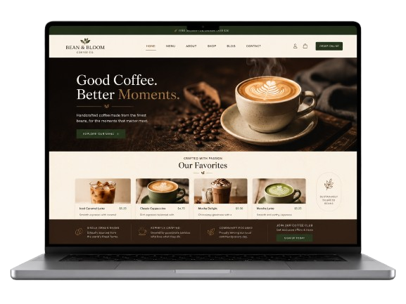 Coffee shop website displayed on a laptop